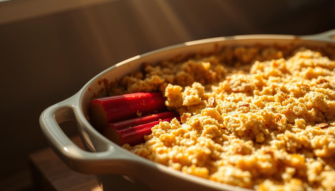 A perfectly baked rhubarb crumble, the ruby-red stalks peeking through a golden, crisp topping, sitting atop a cream-colored ceramic dish. Warm rays of afternoon sunlight cast a soft, inviting glow, highlighting the textural contrast between the tender fruit and the crunchy crumble. The scene is shot at a slight angle, drawing the viewer's eye to the irresistible, homemade dessert. Subtle shadows add depth, while the overall composition and lighting evoke a cozy, comforting atmosphere, perfectly capturing the essence of a classic, easy-to-make rhubarb crumble.