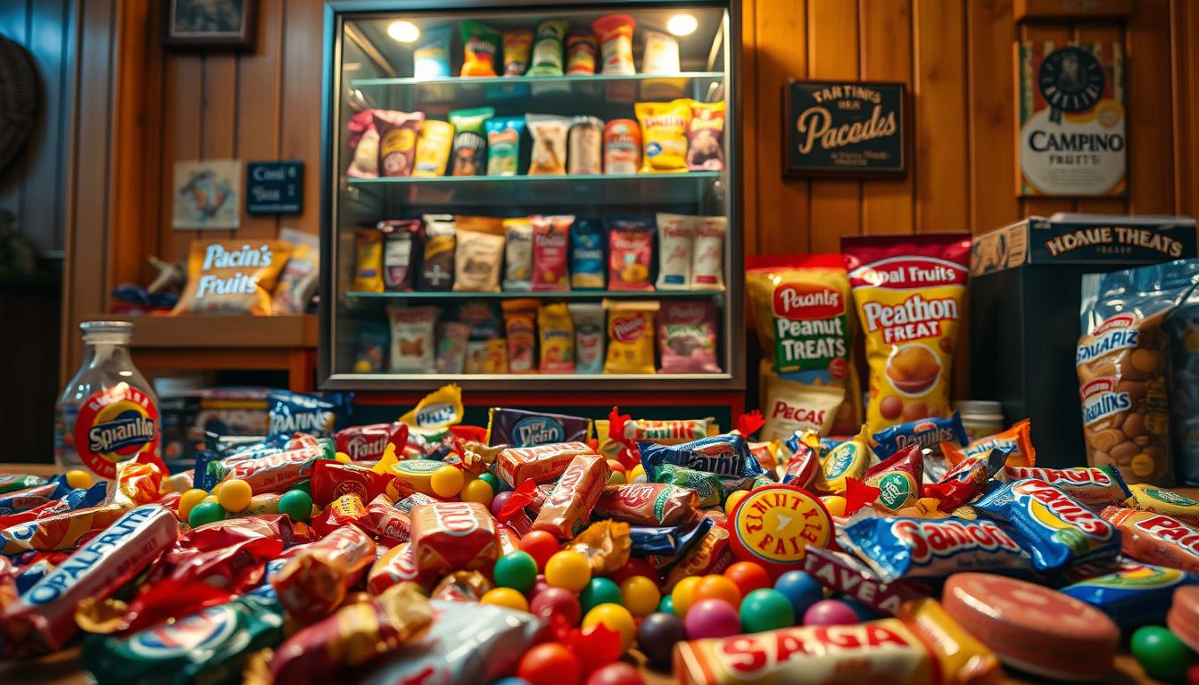 A nostalgic and whimsical scene of discontinued 80s British sweets, captured under warm, vintage lighting. In the foreground, a scattered assortment of iconic candies from the era - Opal Fruits, Marathon bars, Texan bars, and Spangles, their vibrant wrappers and distinctive shapes evoking fond memories. In the middle ground, a retro glass display cabinet showcases more forgotten treats, like Peanut Treats, Pacers, and Campino Fruit Sweets, their packaging designs a testament to the era's bold, playful aesthetic. The background features a wooden-paneled wall, hinting at the comforting, old-fashioned ambiance of a corner shop from the 80s, where these beloved sweets were once proudly displayed and purchased by generations of British snack enthusiasts.