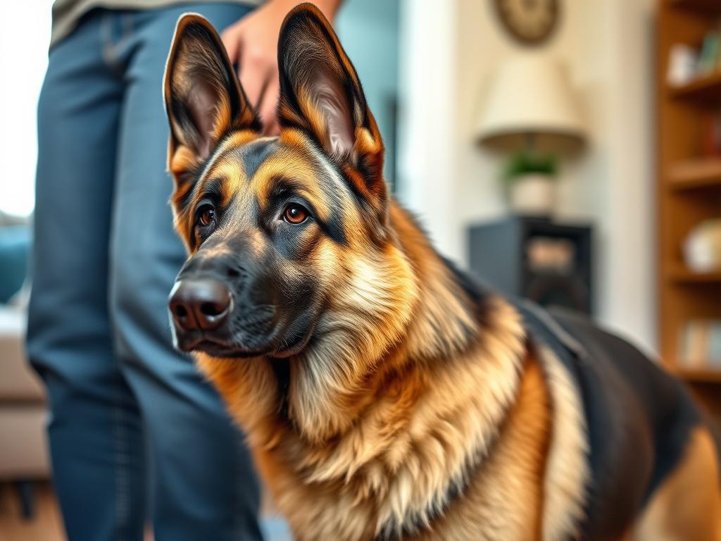 An alert German Shepherd standing protectively near its owner, demonstrating why they're among the most loyal dog breeds