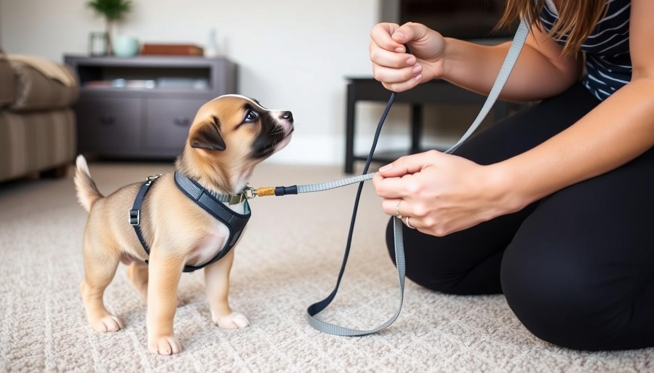 Puppy being introduced to leash training with positive reinforcement