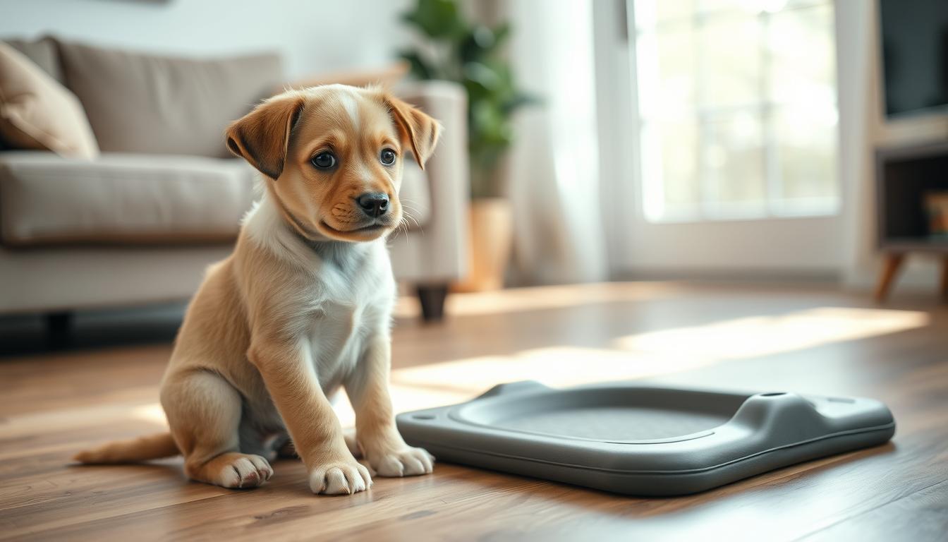 Puppy sitting attentively next to a pee pad during potty training