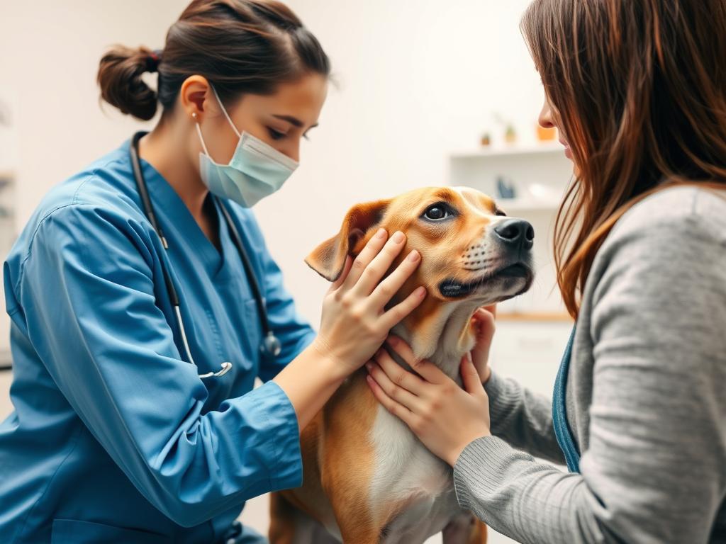 Veterinarian examining a dog while owner provides comfort, addressing signs of stress
