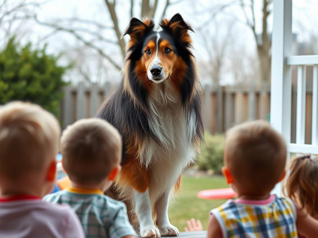 A beautiful Collie watching over children playing, showcasing the protective loyalty that makes them one of the most loyal dog breeds