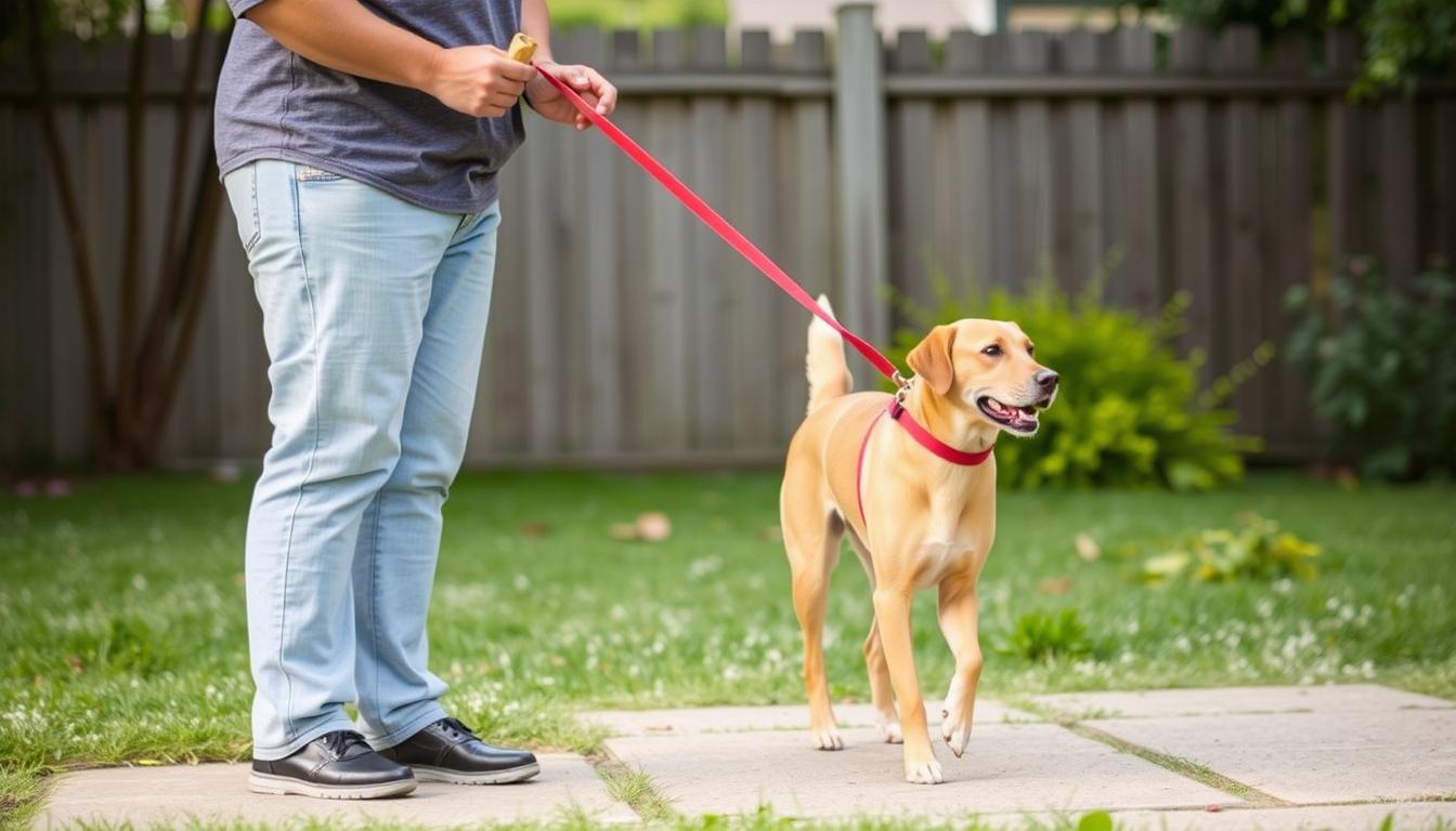 Owner demonstrating proper leash training technique with dog