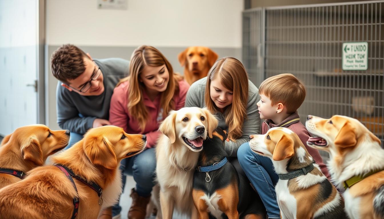 A family meeting different dog breeds at a shelter, considering which of the most loyal dog breeds might be right for them
