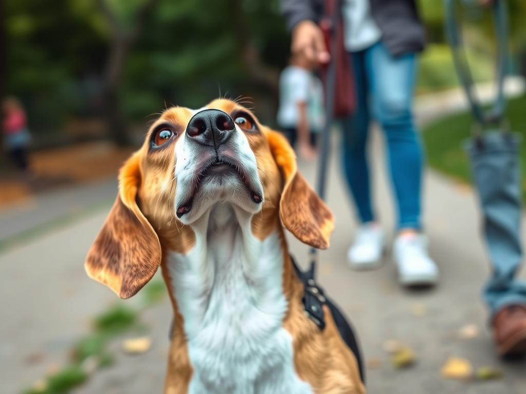 A Beagle looking up adoringly at its owner, demonstrating the devoted loyalty that places them among the most loyal dog breeds