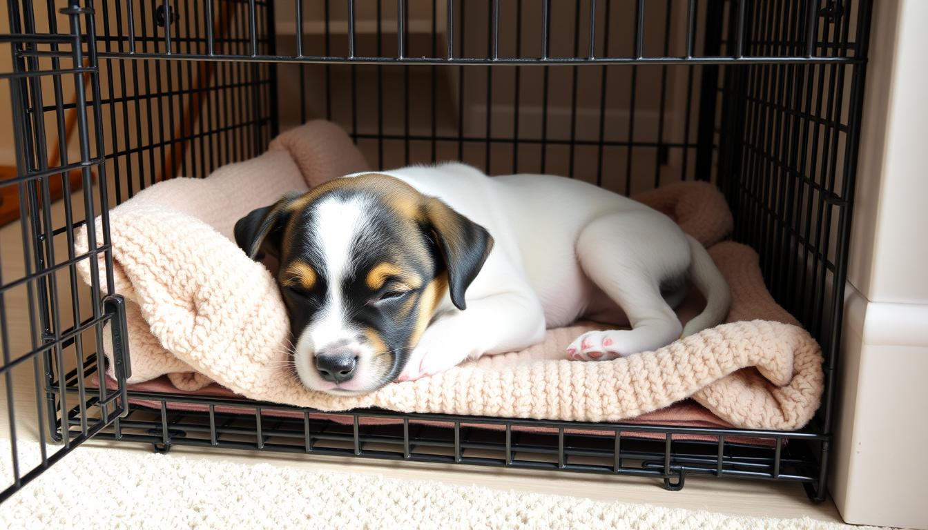 Puppy comfortably resting in an appropriately sized crate