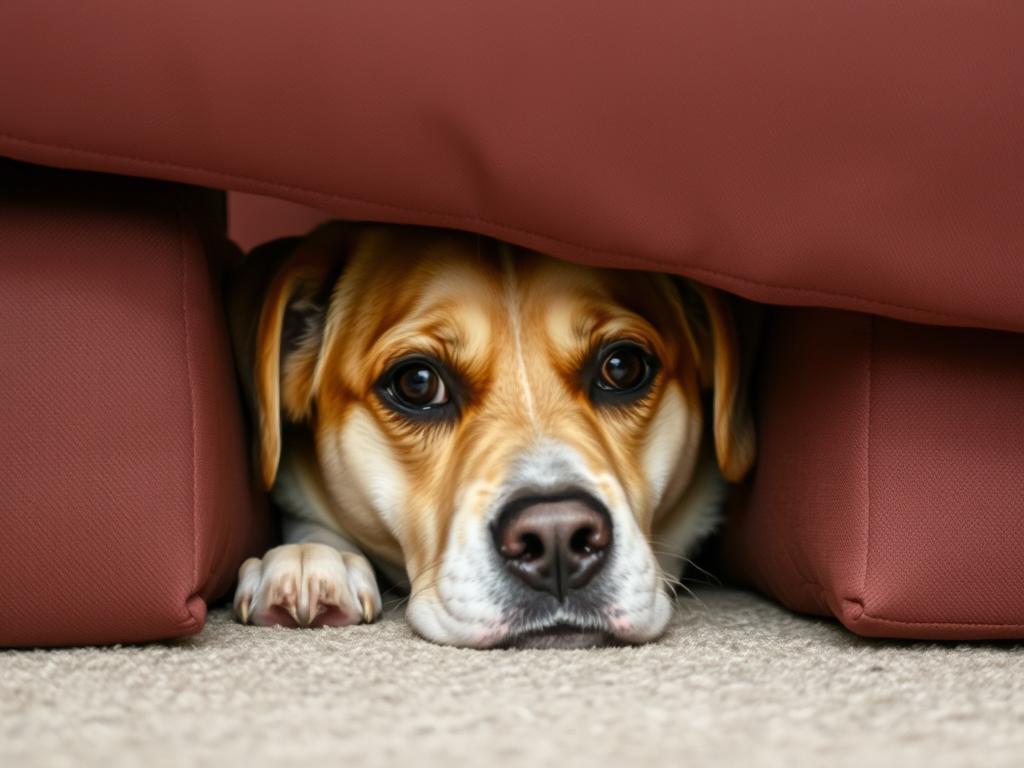 Dog hiding under furniture showing avoidance behavior as a sign of stress