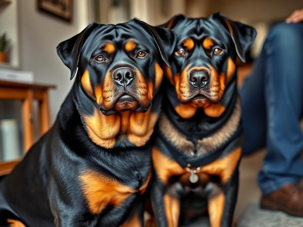 A powerful Rottweiler sitting attentively beside its owner, showing the protective loyalty that makes them one of the most loyal dog breeds