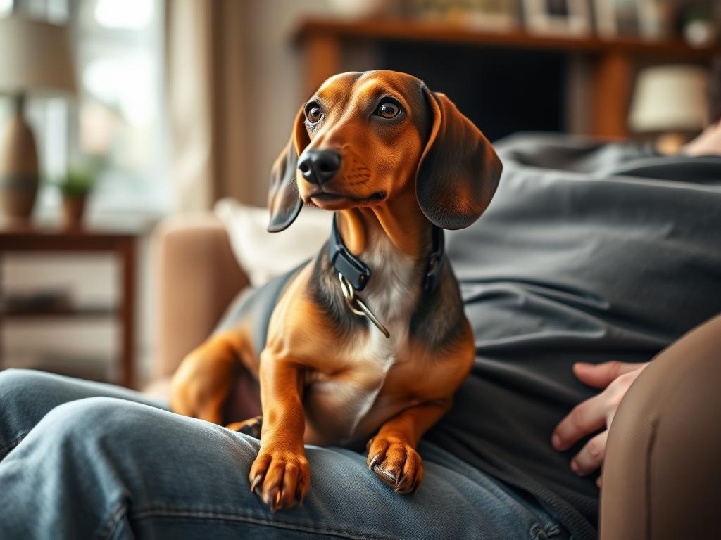 A Dachshund sitting protectively in its owner's lap, showing that loyalty in dogs comes in all sizes including the most loyal dog breeds