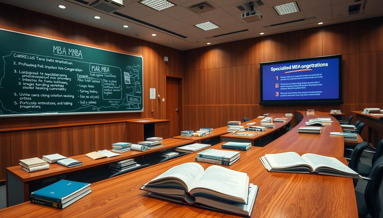 A well-lit lecture hall filled with various academic resources - a chalkboard displaying a detailed MBA curriculum outline, textbooks and course materials neatly arranged on sturdy wooden desks, and a projector screen showcasing a professional presentation on specialized MBA concentrations. The scene conveys a sense of focused learning, with warm lighting illuminating the space and providing an atmosphere of intellectual stimulation. The camera angle captures the room from a slightly elevated perspective, emphasizing the structured, organized nature of the MBA program curriculum.