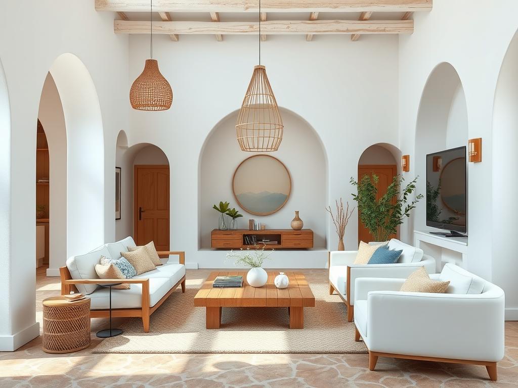New Mediterranean living space with arched doorways, textural elements, and earthy colors
