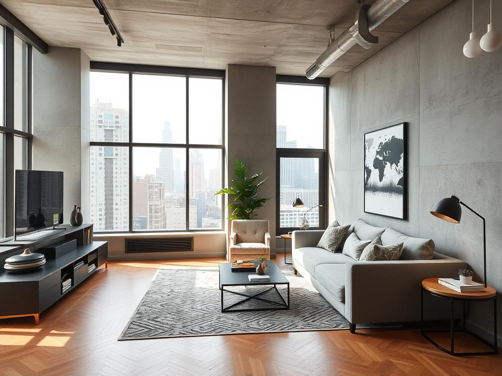 Urban modern apartment with space-saving furniture, city views, and contemporary elements