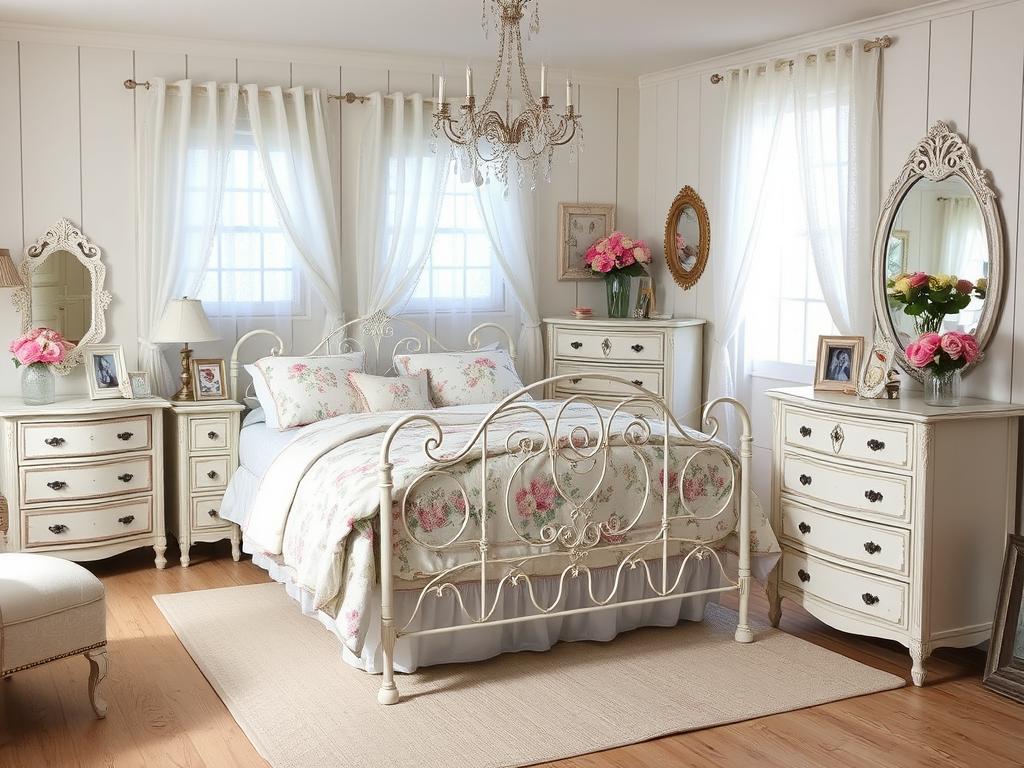 Shabby chic bedroom with distressed furniture, floral patterns, and soft colors