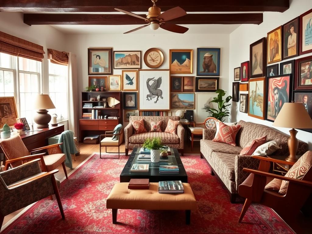 Eclectic interior design with mixed furniture styles, patterns, and eras