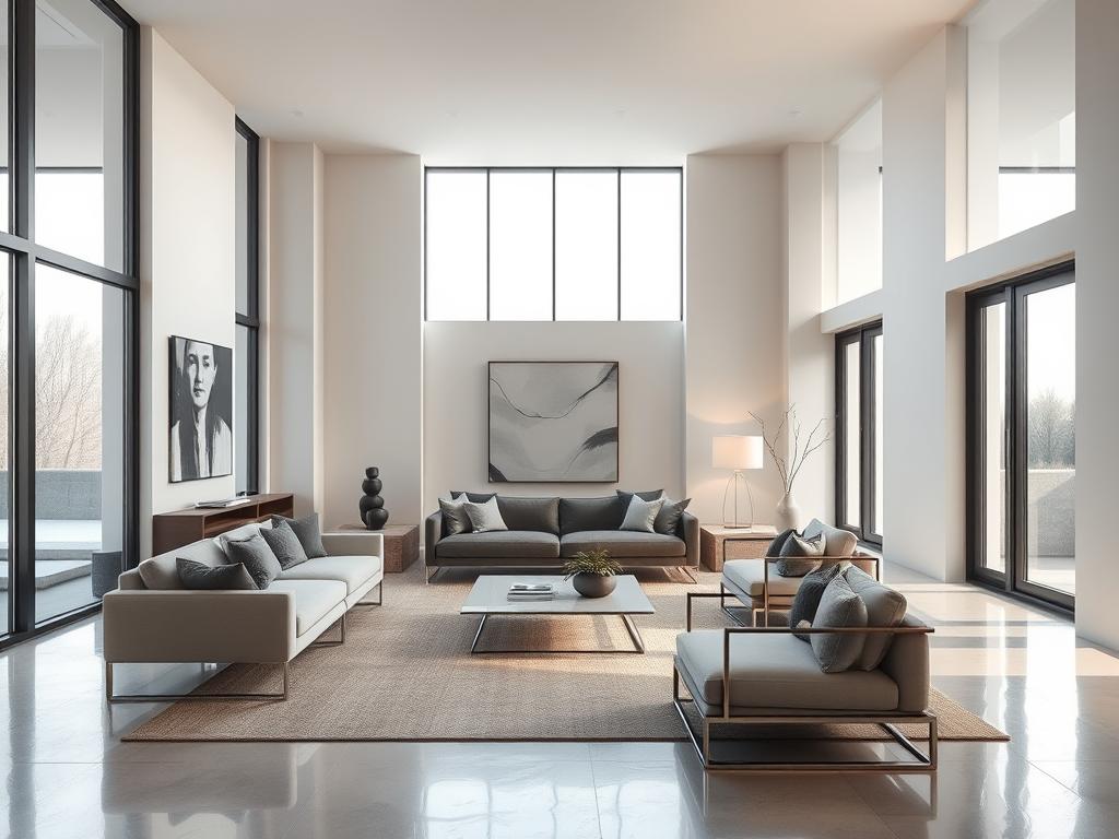 Modern interior design style with clean lines, neutral colors, and minimal ornamentation