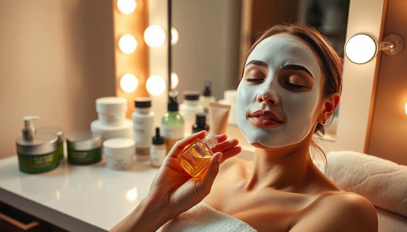 A well-lit vanity table displays an array of skincare products - moisturizers, serums, and a freshly removed sheet mask. The foreground showcases a relaxed, glowing complexion, with fingers gently massaging a hydrating essence into the skin. The middle ground features an assortment of high-end, clean beauty items in minimalist, earthy-toned packaging. In the background, a softly lit mirror reflects the serene, post-ritual atmosphere, conveying a sense of self-care and rejuvenation. The overall mood is one of tranquility, with warm, diffused lighting and a muted color palette evoking a spa-like ambiance.