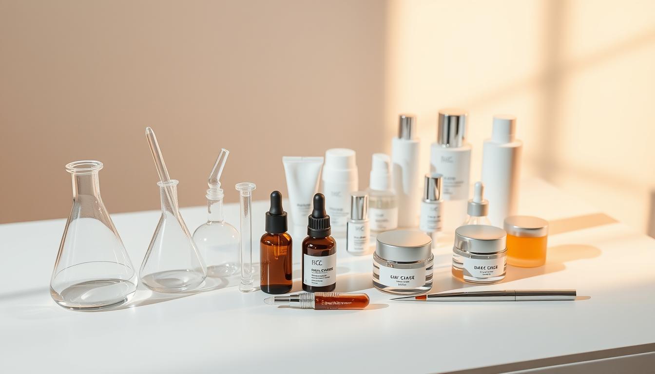 A minimalist, science-inspired scene showcasing the essential elements of a morning skincare routine. In the foreground, a set of glass beakers, pipettes, and scientific instruments arranged neatly on a sleek white countertop, casting subtle shadows. In the middle ground, various skincare products - serums, creams, and cleansers - displayed in modern, geometric packaging. The background is a softly lit, neutral-toned environment, hinting at a serene and clinical aesthetic. Warm, diffused lighting casts a gentle glow, emphasizing the clinical precision of the setup. The overall mood is one of thoughtful curation, highlighting the science-based approach to daily skincare.