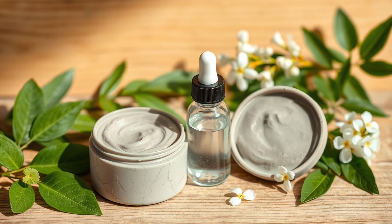 A serene clay facial mask composition in a soft, natural light. On a wooden surface, two clay mask containers with a slightly cracked texture sit alongside a small glass dropper bottle filled with a clear, restorative liquid. Surrounding the products, fresh green leaves and delicate white flowers add a calming, botanical touch. The overall scene conveys a sense of tranquility and the promise of clear, radiant skin.