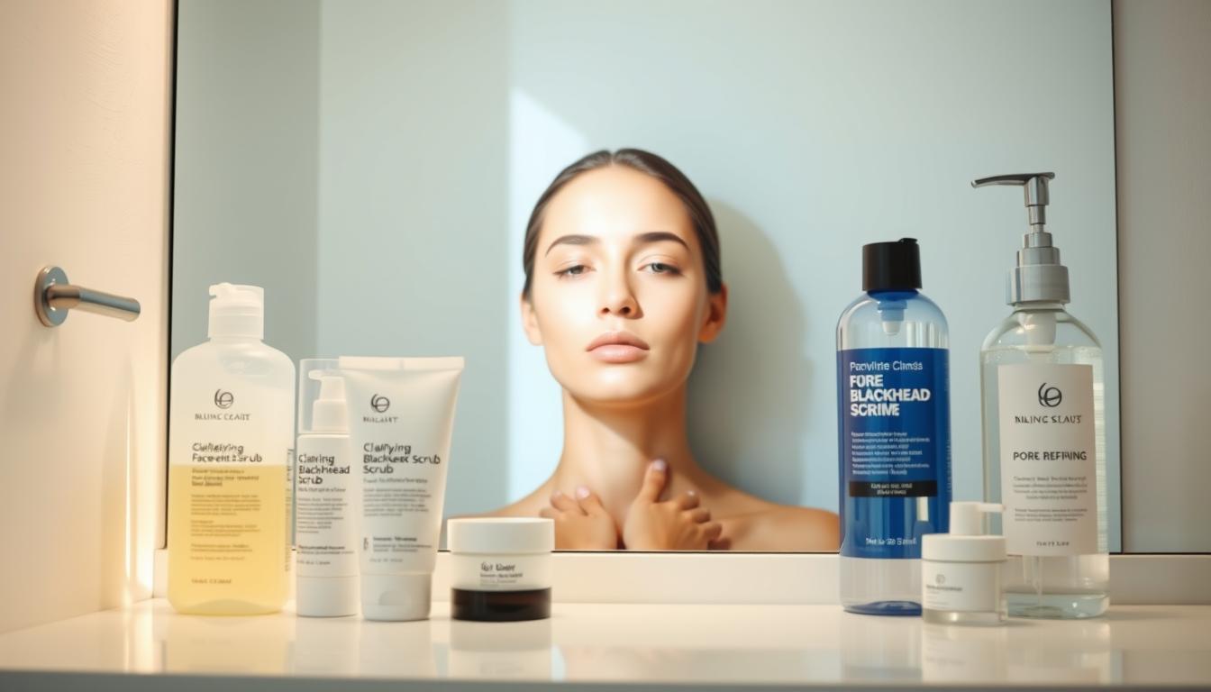 A beautifully lit, high-resolution image of a modern, minimalist vanity setup showcasing an essential daily skincare routine for blackhead prevention. In the foreground, neatly arranged are various skincare products such as a gentle face wash, a clarifying blackhead scrub, and a pore-refining toner. The middle ground features a serene, glowing face illuminated by natural light, highlighting clear, radiant skin. In the background, a clean, white wall provides a crisp, contemporary backdrop, creating a sense of tranquility and focus. The overall mood is one of simplicity, efficacy, and a dedication to healthy, blemish-free skin.