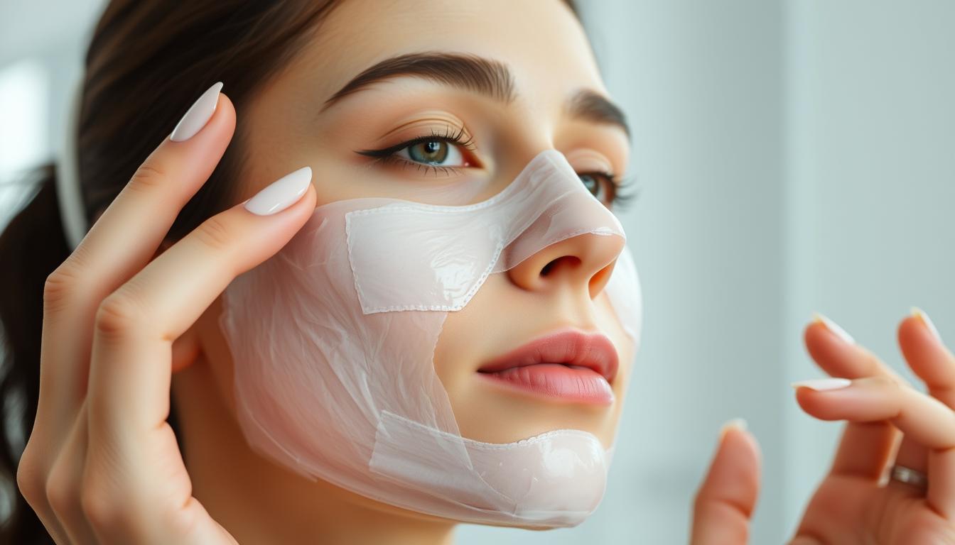Detailed close-up shot of a woman's face applying a sheet mask in a bright, well-lit bathroom setting. The mask is being smoothed onto the skin with delicate, precise movements, highlighting the correct application technique. The woman's expression is calm and focused, demonstrating the professional, meticulous approach. Soft, diffused lighting from above creates even, flattering illumination. The background is blurred, placing the emphasis entirely on the intricate facial mask application process.