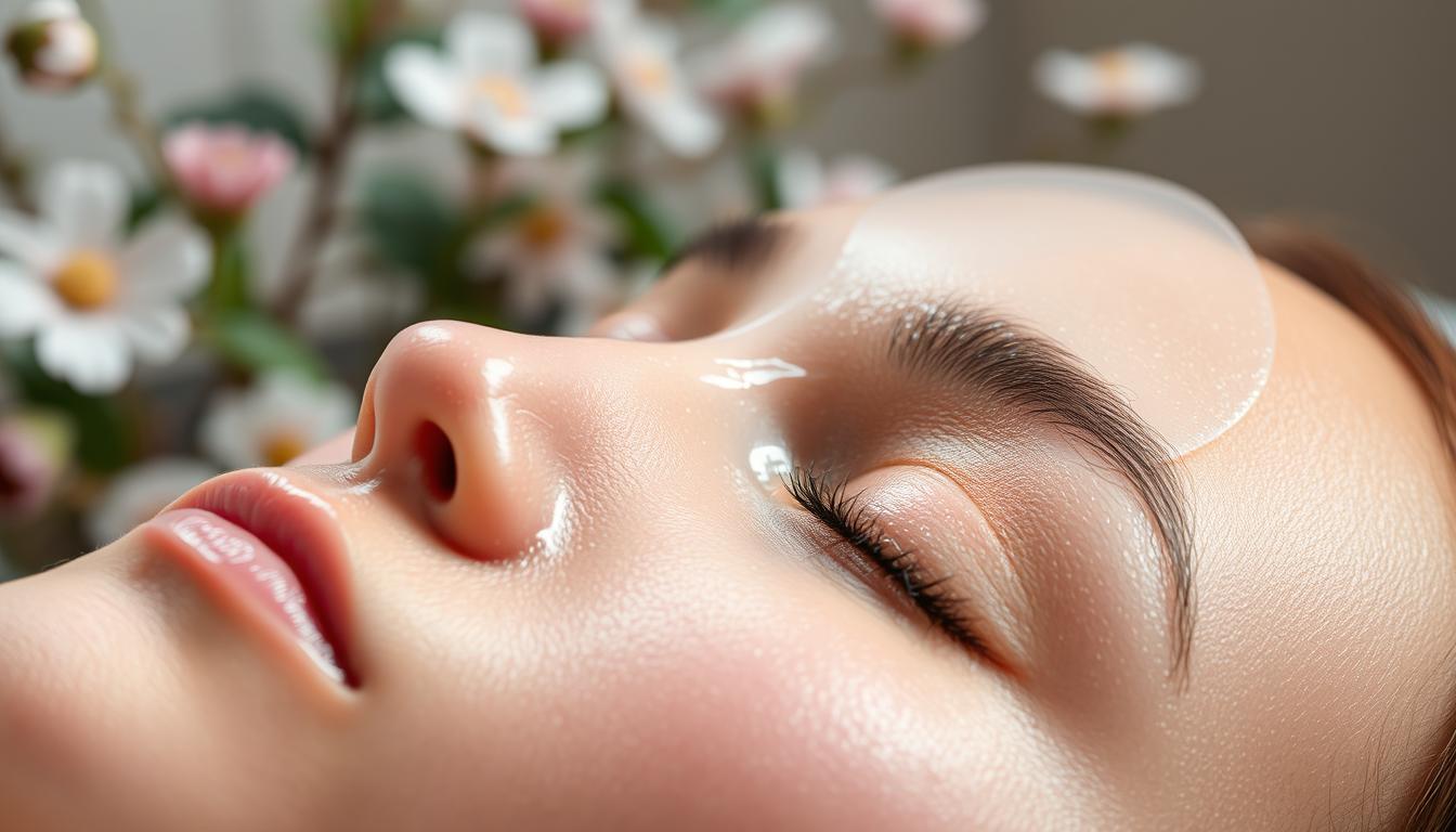 A serene close-up of an elegant sheet mask resting on dewy, radiant skin. Soft, diffused lighting accentuates the mask's intricate textures and soothing floral patterns. In the background, a blurred botanical scene suggests the mask's natural, nourishing ingredients. The overall atmosphere conveys a sense of tranquility, self-care, and the rejuvenating power of this modern skincare ritual.