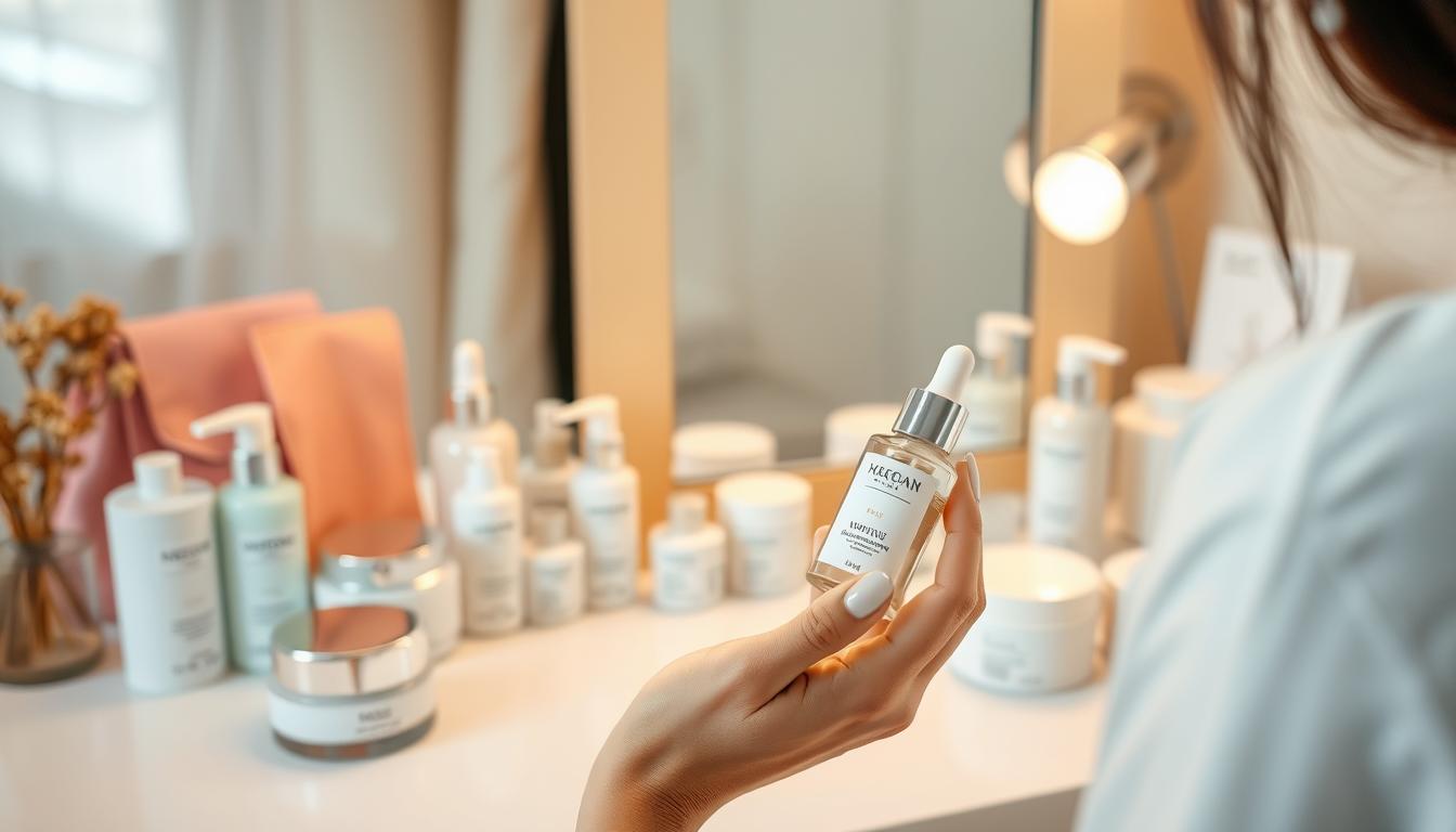 A neatly organized vanity table, bathed in warm, diffused lighting. An array of Korean skincare products is carefully arranged - sheet masks, ampoules, serums, and creams, all in pastel hues. In the foreground, a woman's hands delicately apply a hydrating essence, her movements graceful and intentional. The background is softly blurred, emphasizing the focus on the meticulous routine. The overall mood is one of calm tranquility, inviting the viewer to indulge in a moment of self-care.