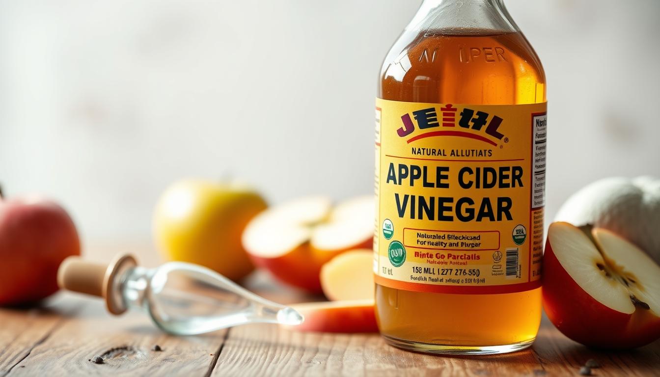 A bottle of apple cider vinegar on a wooden table, with a glass dropper and a few slices of fresh apples arranged around it. The lighting is soft and natural, creating a warm, earthy ambiance. The image has a focus on the bottle, making it the focal point, while the background is slightly blurred to draw attention to the product. The composition is balanced and aesthetically pleasing, conveying the benefits of using apple cider vinegar as a natural solution for blackhead prevention.