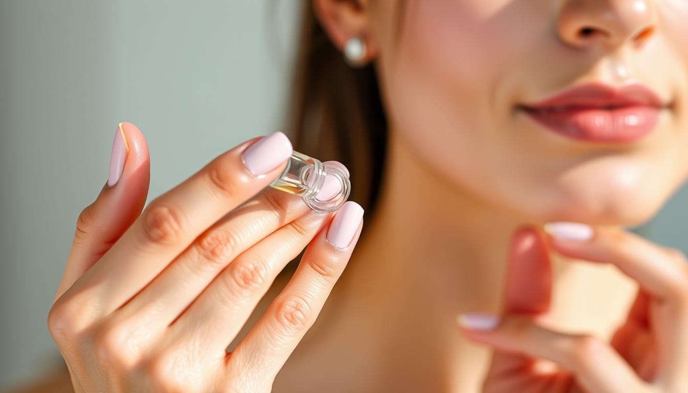 A woman's hands delicately applying a skincare serum to her face in soft, circular motions. The scene is captured in natural, diffused lighting, highlighting the luminous, dewy complexion. The image is framed to focus on the application technique, with the woman's face partially obscured, emphasizing the importance of the serum itself. The background is blurred, creating a sense of calm and concentration. The overall mood is one of a soothing, mindful daily ritual.