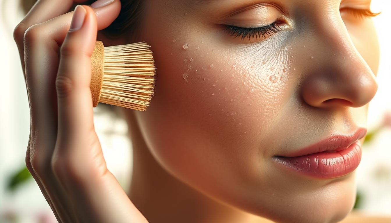 A serene, close-up view of a woman's hand gently exfoliating her face using a natural bristle brush. The skin is dewy and luminous, with small blackheads visibly being lifted and removed. The background is a soft, blurred natural setting, perhaps with a hint of greenery or flowers to convey a sense of purity and rejuvenation. Warm, diffused lighting illuminates the scene, creating a calming, spa-like atmosphere. The overall composition emphasizes the simplicity and effectiveness of this natural exfoliation technique for clear, healthy pores.