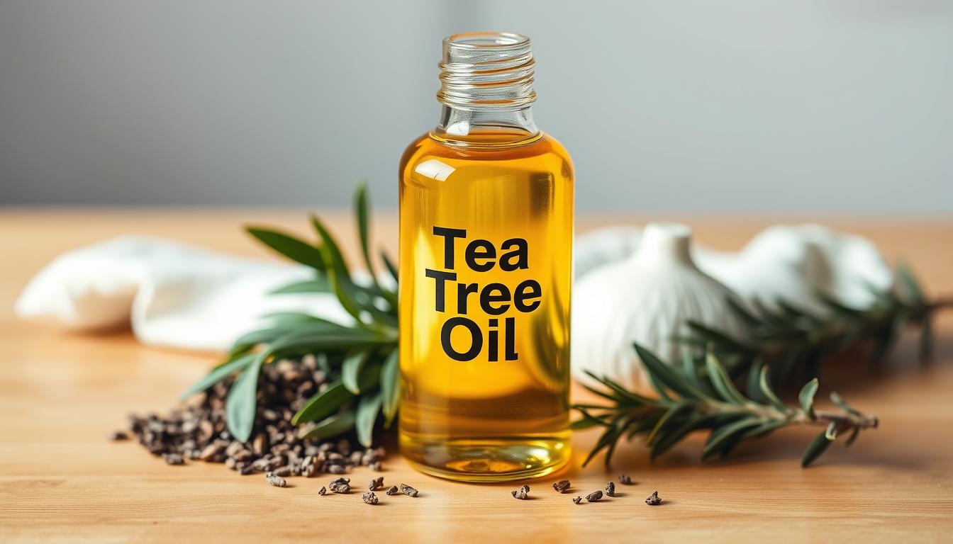 A clear glass bottle filled with transparent golden-hued tea tree oil stands in the center of the frame, its label prominently featuring the words &quot;Tea Tree Oil&quot; in a bold, modern font. The bottle is surrounded by an array of natural ingredients, such as fresh green tea leaves, crushed dried herbs, and a sprig of fragrant rosemary, all neatly arranged on a smooth, wooden surface. The lighting is soft and diffused, creating a warm, inviting atmosphere that highlights the natural, holistic nature of the scene. The overall composition conveys the power and efficacy of tea tree oil as a natural solution for combating stubborn blackheads.
