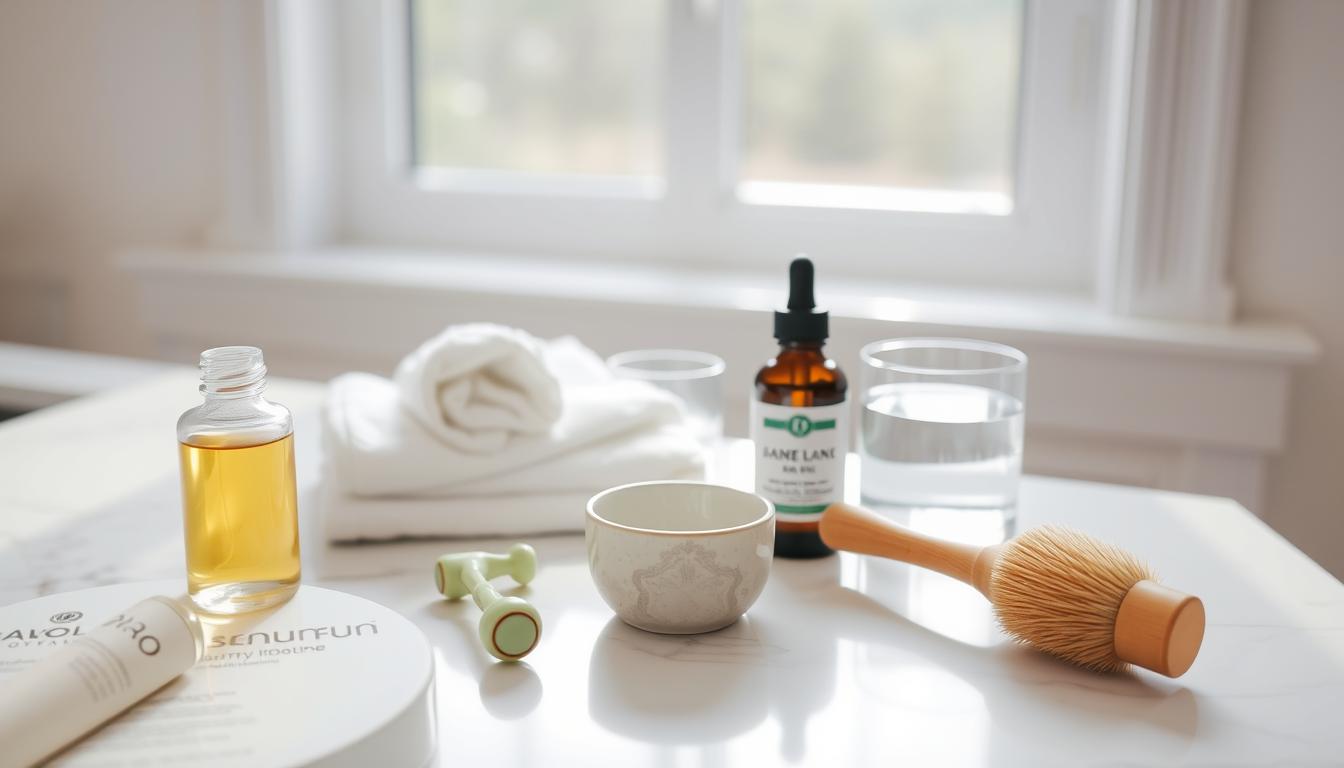 Morning skincare essentials laid out on a minimalist white marble countertop. In the foreground, various skincare products are neatly arranged - a glass bottle of facial oil, a ceramic pot of moisturizer, a jade facial roller, and a bamboo brush. The middle ground features a clean white towel and a small glass of water. The background is softly lit with natural daylight streaming in through a large window, creating a serene and relaxing atmosphere. The overall scene conveys a sense of simplicity, self-care, and a mindful morning beauty routine.