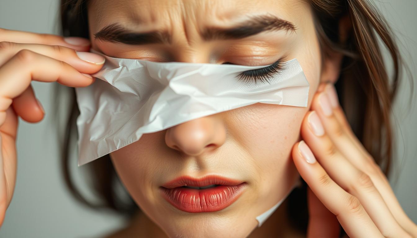 A close-up view of a woman's face applying a sheet mask incorrectly. In the foreground, the mask is creased, partially peeled off, and unevenly distributed across her skin. The middle ground shows the woman's concentrated expression as she struggles to properly position the mask. The background is blurred, creating a soft, intimate focus on the skincare mishap. Soft, diffused lighting casts gentle shadows, emphasizing the delicate textures of the skin and the mask material. The overall mood is one of frustration and the need for guidance on effective sheet mask application.