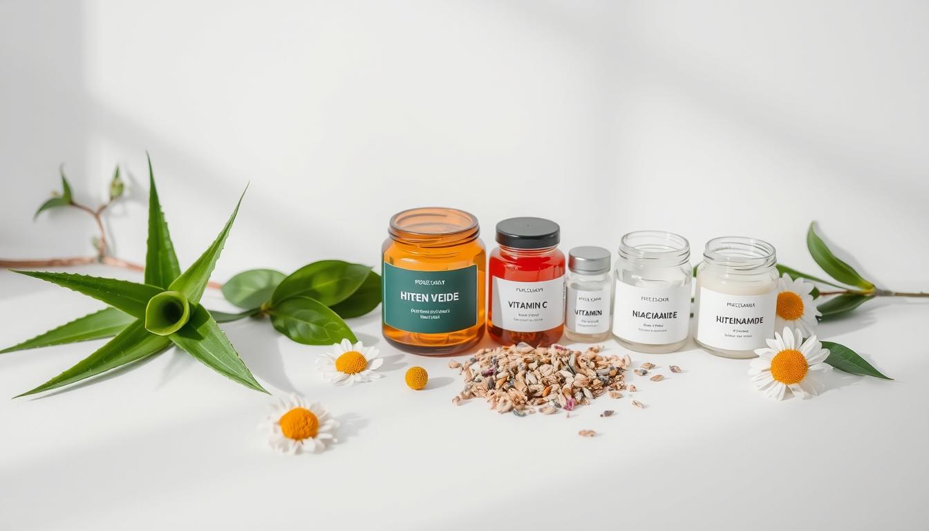 A flat-lay composition showcasing an assortment of key sheet mask ingredients on a clean, light-colored surface. In the foreground, organic botanicals such as aloe vera leaves, green tea leaves, and chamomile flowers are neatly arranged. In the middle ground, glass jars containing trendy skincare actives like hyaluronic acid, vitamin C, and niacinamide are displayed. The background features a soft, airy lighting setup, creating a serene and spa-like ambiance. The overall mood is one of natural, plant-based wellness and effective skincare.