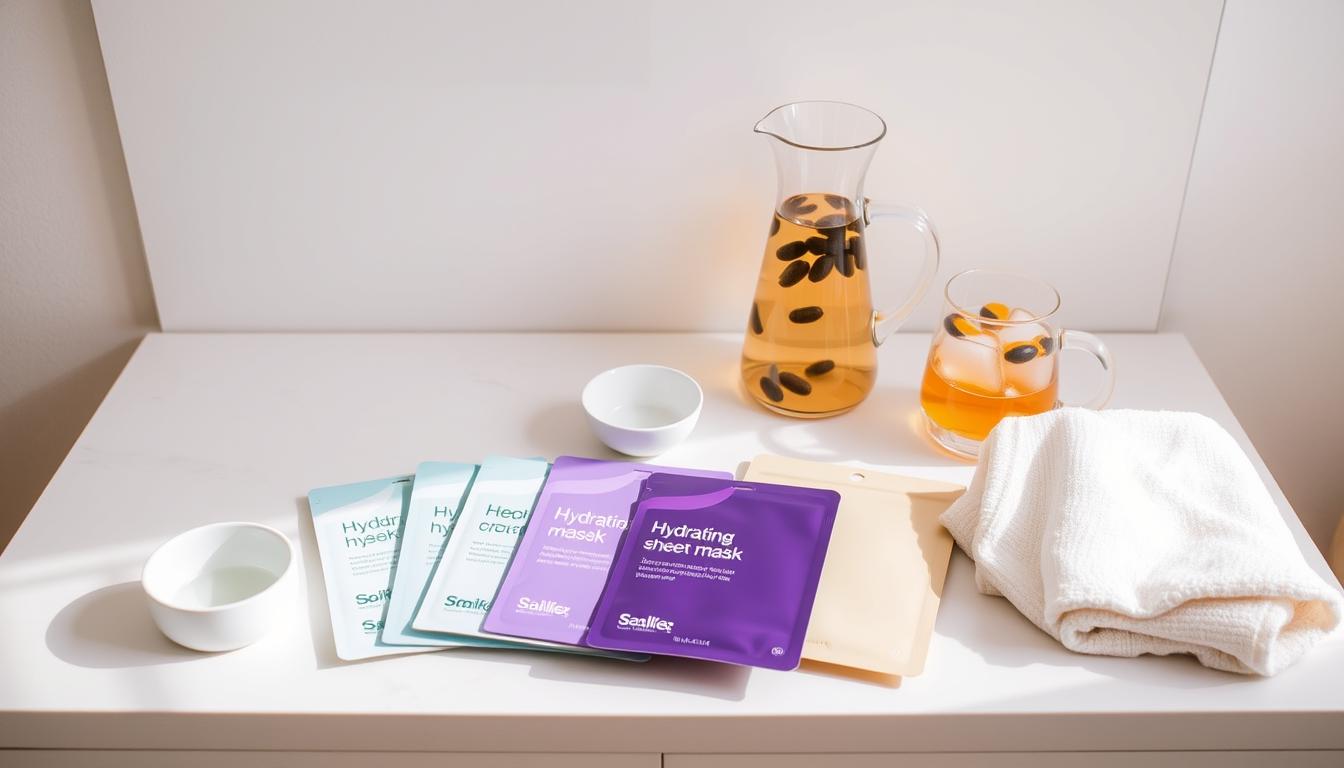 A well-lit, neatly arranged vanity top showcases an array of skincare essentials for a weekly sheet mask ritual. In the foreground, an assortment of hydrating sheet masks in various shapes and colors are carefully laid out, alongside a cozy towel and a small bowl of water. In the middle ground, an elegant glass carafe and a pitcher of refreshing tea or infused water provide soothing accompaniment. The background features a simple, minimalist backdrop, perhaps a soft-toned wall or a gentle window light, creating a serene and spa-like atmosphere. The overall scene conveys a sense of intentionality, self-care, and a dedicated weekly ritual to nourish and rejuvenate the skin.