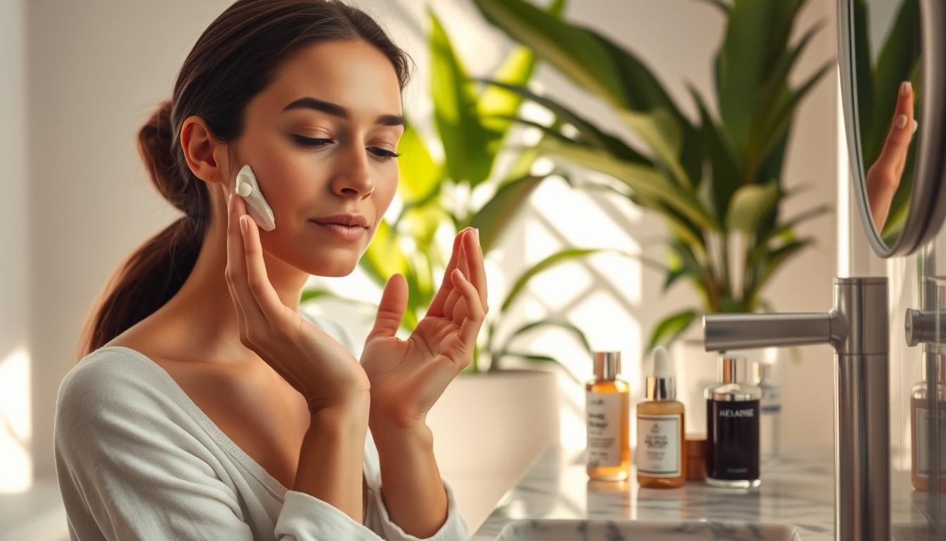 A serene, well-lit bathroom scene showcases the art of skin moisturizing. In the foreground, a woman's hands delicately massage a nourishing cream into her face, her expression one of tranquil focus. Soft, natural lighting bathes the scene, casting a warm, glowing ambiance. In the middle ground, an array of skincare products in minimalist, glass bottles are artfully displayed on a marble vanity. The background features lush, green plants, reflecting the refreshing, botanical essence of the moisturizing techniques. Angles are slightly elevated to provide an intimate, immersive perspective, inviting the viewer to envision themselves in this serene self-care moment.