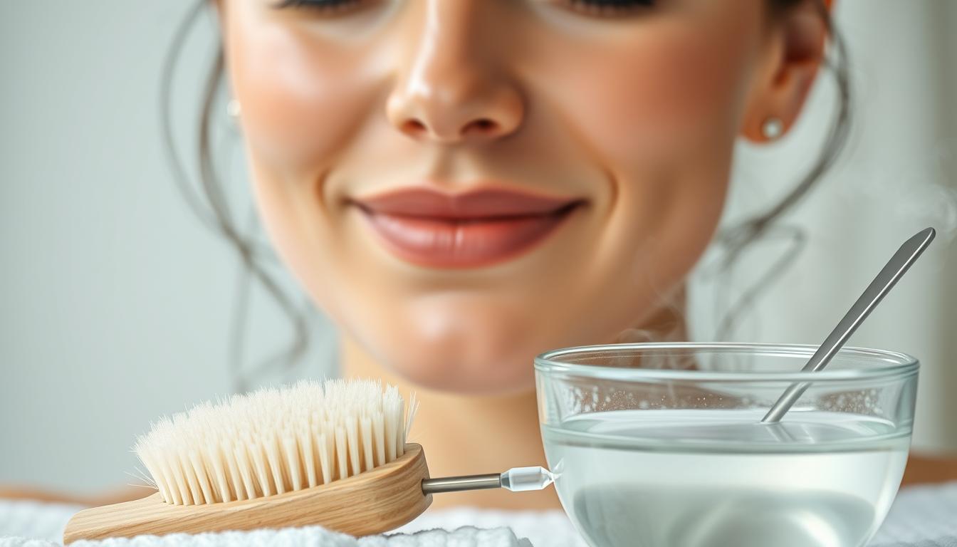 A close-up image of a woman's face, with a serene and relaxed expression. Her skin is clean and glowing, with a few small blackheads visible on the nose and cheeks. In the foreground, a set of natural skincare tools are displayed - a soft-bristle brush, a small metal blackhead extractor, and a steaming bowl of warm water. The background is blurred, suggesting a tranquil, spa-like environment. The lighting is soft and diffused, creating a calming, therapeutic atmosphere. The overall scene conveys the idea of a natural, gentle approach to blackhead removal.