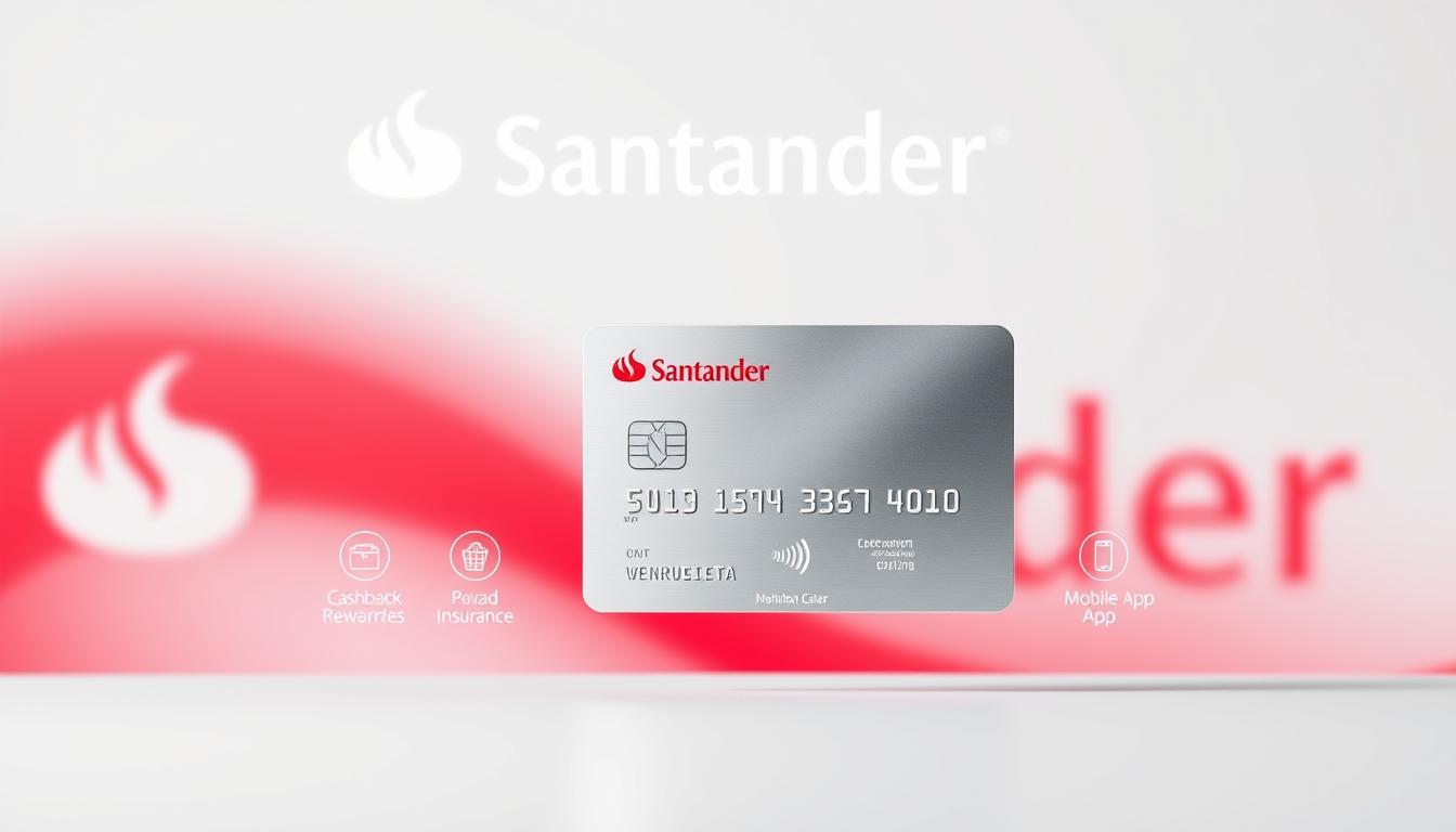 A vibrant, modern image showcasing the benefits of a Santander credit card. In the foreground, a clean, minimalist visual layout with a central focus on a sleek silver credit card against a white background, its surface reflecting light elegantly. In the middle ground, a series of pictographic icons representing key benefits such as cashback, rewards, insurance, and mobile app functionality, all rendered in a refined, consistent style. In the background, a soft, blurred gradient of the Santander brand colors - red, white, and blue - creating a professional, sophisticated atmosphere. The overall aesthetic is crisp, visually striking, and designed to appeal to a discerning, technology-savvy audience.