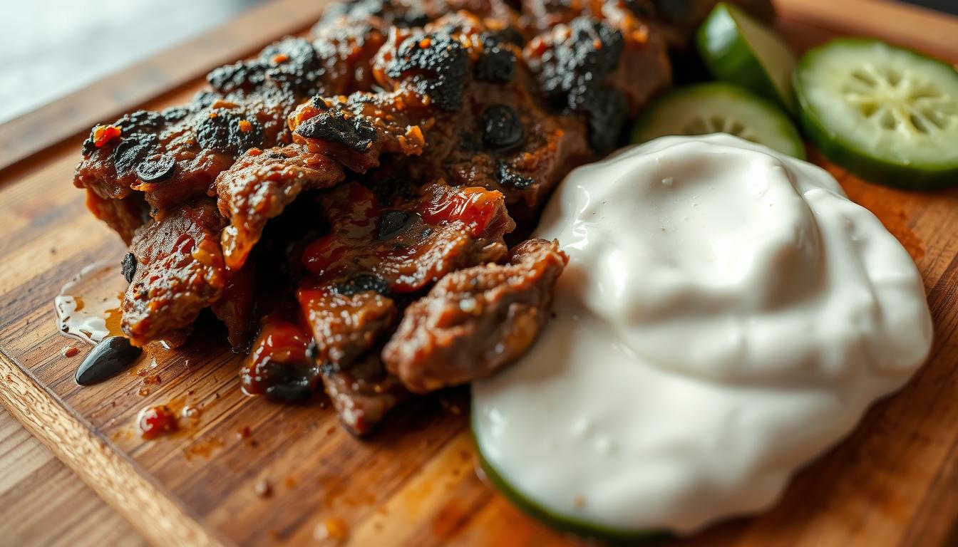 A close-up shot of a smashed beef kebab, with its juices and spices oozing out, resting on a wooden cutting board. The meat has a char-grilled texture, with crisp edges and a succulent, tender interior. Sliced cucumber and a creamy, tangy yogurt sauce are artfully arranged around the kebab, creating a visually striking and appetizing composition. The lighting is soft and natural, accentuating the rich, earthy tones of the dish. The camera angle is low, providing an intimate perspective that invites the viewer to imagine the satisfying texture and flavor of the smashed beef kebab.