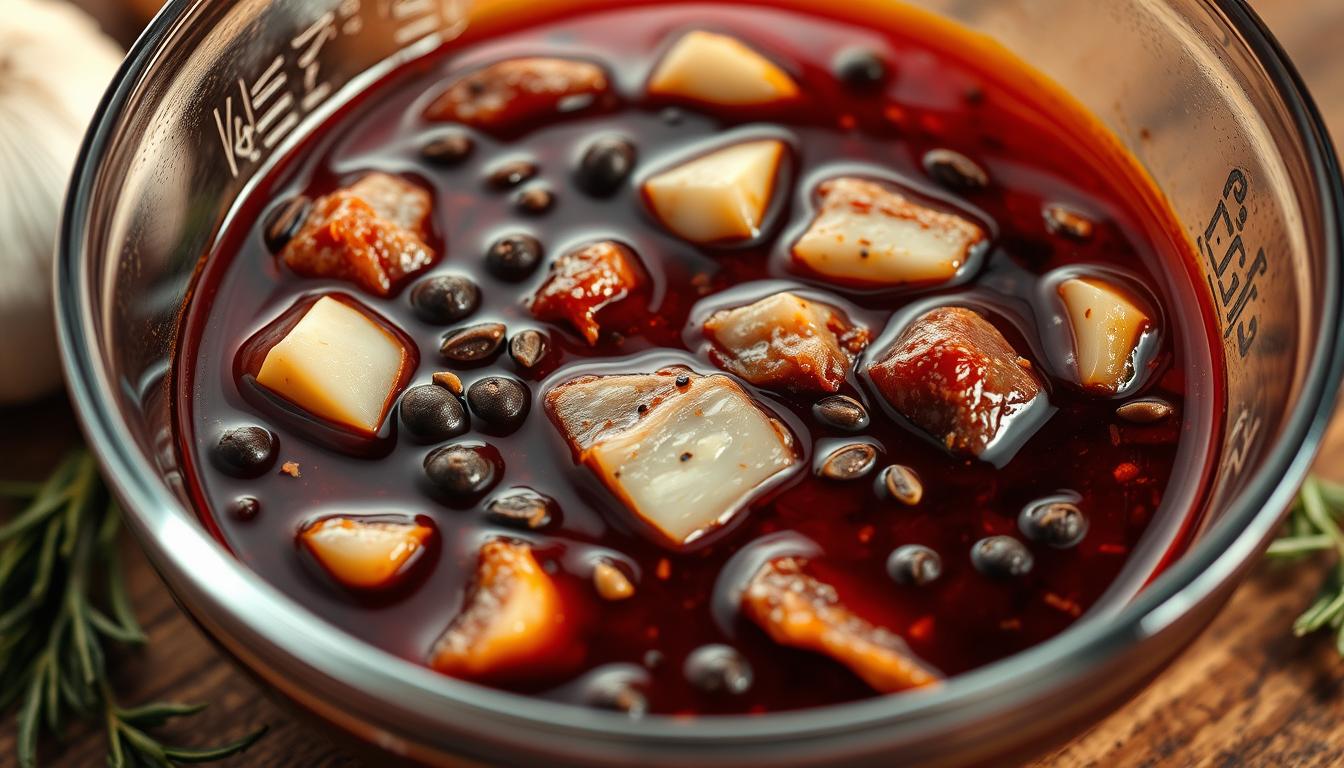 A close-up shot of a glass bowl filled with a rich, aromatic beef marinade. The marinade has a deep burgundy color, with visible chunks of garlic, onion, and whole spices such as black peppercorns, bay leaves, and coriander seeds. The lighting is warm and natural, casting a gentle glow on the ingredients and highlighting their textures. The bowl is placed on a wooden surface, with some fresh herbs, like rosemary or thyme, scattered around it. The overall mood is one of rustic sophistication, inviting the viewer to imagine the mouthwatering flavors of the marinated beef.