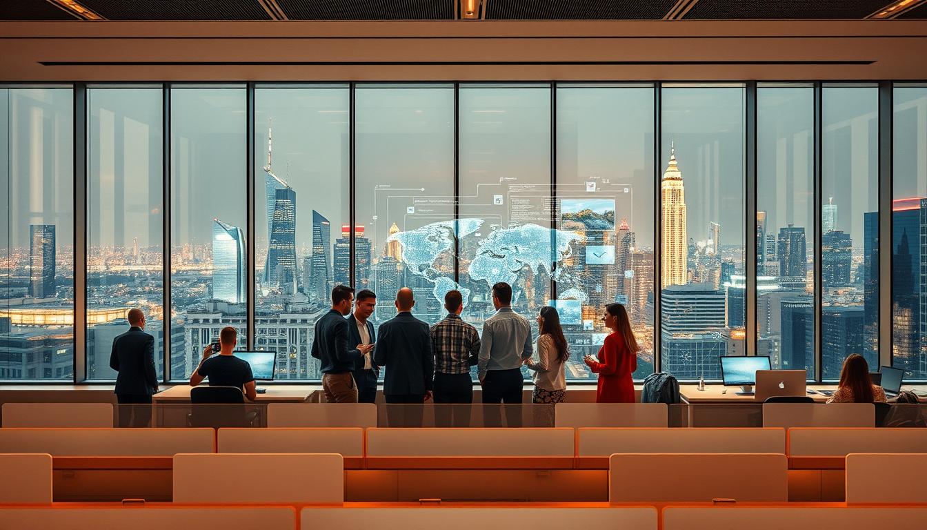 A sleek, modern office interior with floor-to-ceiling windows overlooking a bustling cityscape. In the foreground, a group of diverse professionals collaborating around a holographic display, visualizing intricate data models and digital infrastructure. The middle ground features rows of minimalist workstations, employees immersed in their tasks, digital screens and holograms illuminating the space. In the background, a cityscape of towering skyscrapers and glimmering technology hubs, symbolizing the rapid growth and innovation of the IT sector. Warm, directional lighting casts a sense of dynamism and productivity, while the clean, sophisticated design aesthetic conveys the power and potential of the digital revolution.