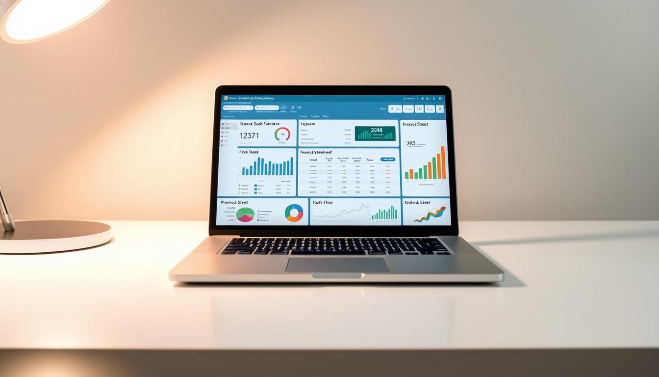 A meticulously designed financial dashboard displayed on a sleek, silver laptop, positioned on a modern, minimalist desk. The dashboard seamlessly integrates the balance sheet, income statement, and cash flow statement, allowing for intuitive analysis of the interconnected financial data. Soft, indirect lighting from above casts a warm, professional glow, accentuating the clean lines and precise visualizations. The overall scene conveys a sense of clarity, control, and strategic decision-making, perfectly suited to illustrate the "Linking the Balance Sheet to Income and Cash Flow Statements" section of the article.