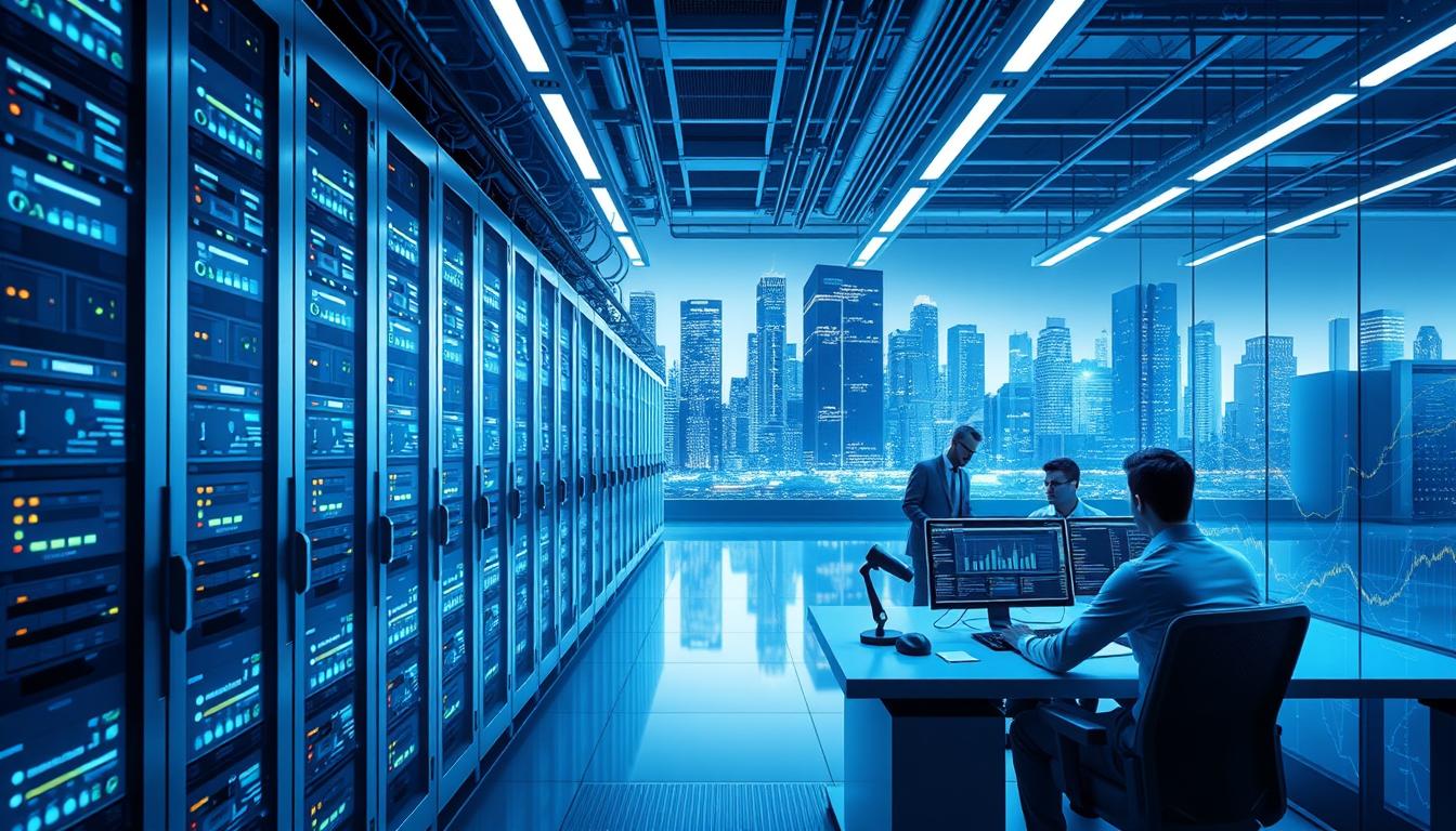 A sleek, modern data center with rows of powerful servers, intricate cabling, and glowing LED lights. The foreground showcases a futuristic workstation with holographic displays, AI-powered analytics, and a digital assistant. The middle ground features a team of IT professionals collaborating on cloud infrastructure, DevOps pipelines, and cybersecurity measures. The background depicts a cityscape of towering skyscrapers, representing the global reach and impact of the technology sector. The scene is bathed in a cool, blue-toned lighting, evoking a sense of technological sophistication and innovation.