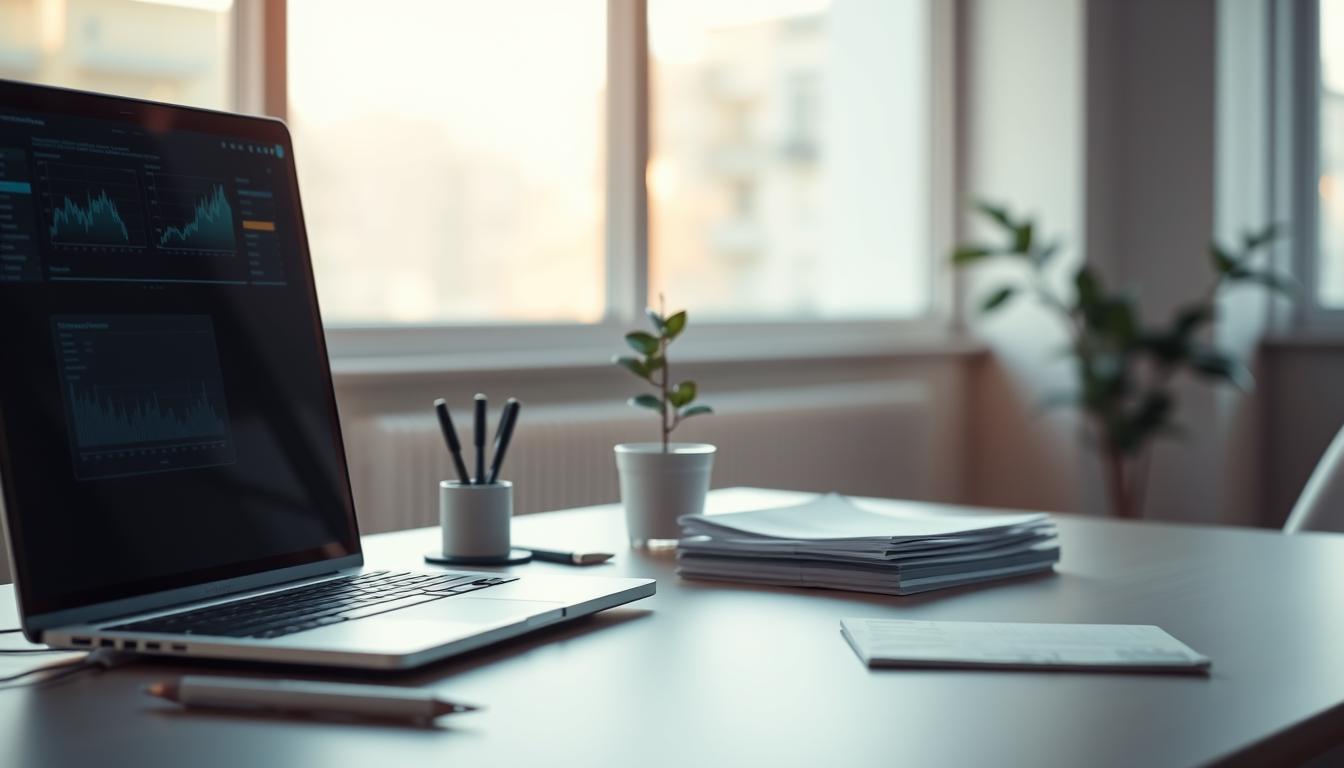 A serene and minimalist workspace showcasing the essentials of risk management. In the foreground, a well-organized desk with a laptop, a pen holder, and a sleek monitor displaying data visualizations. The middle ground features a simple potted plant and a stack of financial documents, conveying a sense of order and diligence. The background is subtly blurred, creating a calming atmosphere with soft, natural lighting filtering through large windows, casting a warm glow over the scene. The overall composition exudes a professional, analytical, and thoughtful approach to navigating the complexities of financial strategies.