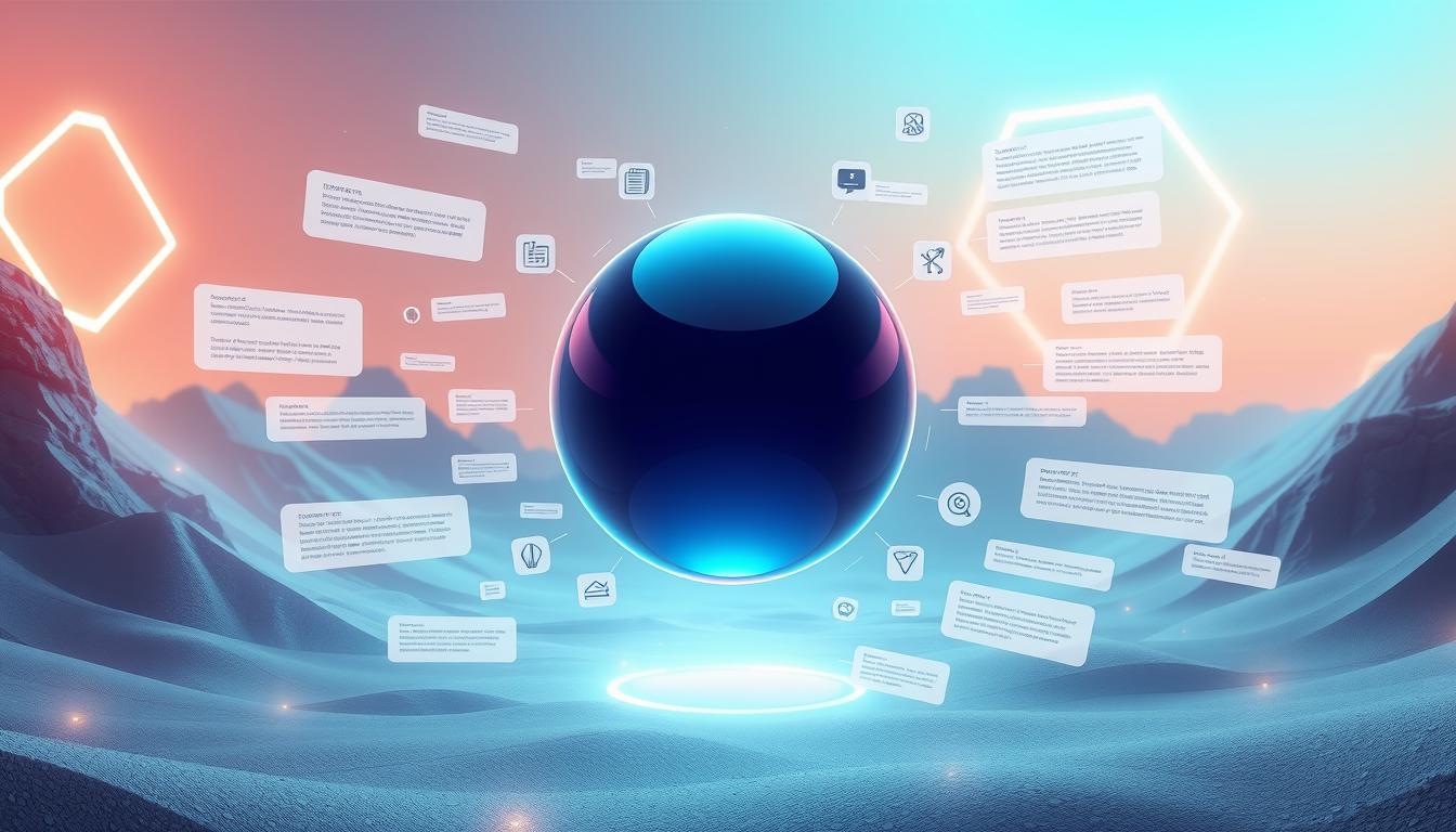 A sleek, futuristic interface with a large, central ChatGPT AI model as the focal point. The model is surrounded by a swarm of content elements - snippets of text, outlines, bullet points, and ideation clouds, all flowing and interacting with the AI. The background features a minimalist, techno-inspired landscape with glowing geometric shapes and subtle lighting effects, creating a sense of depth and dynamism. The overall mood is one of innovation, productivity, and the seamless integration of advanced AI technology into the creative workflow.