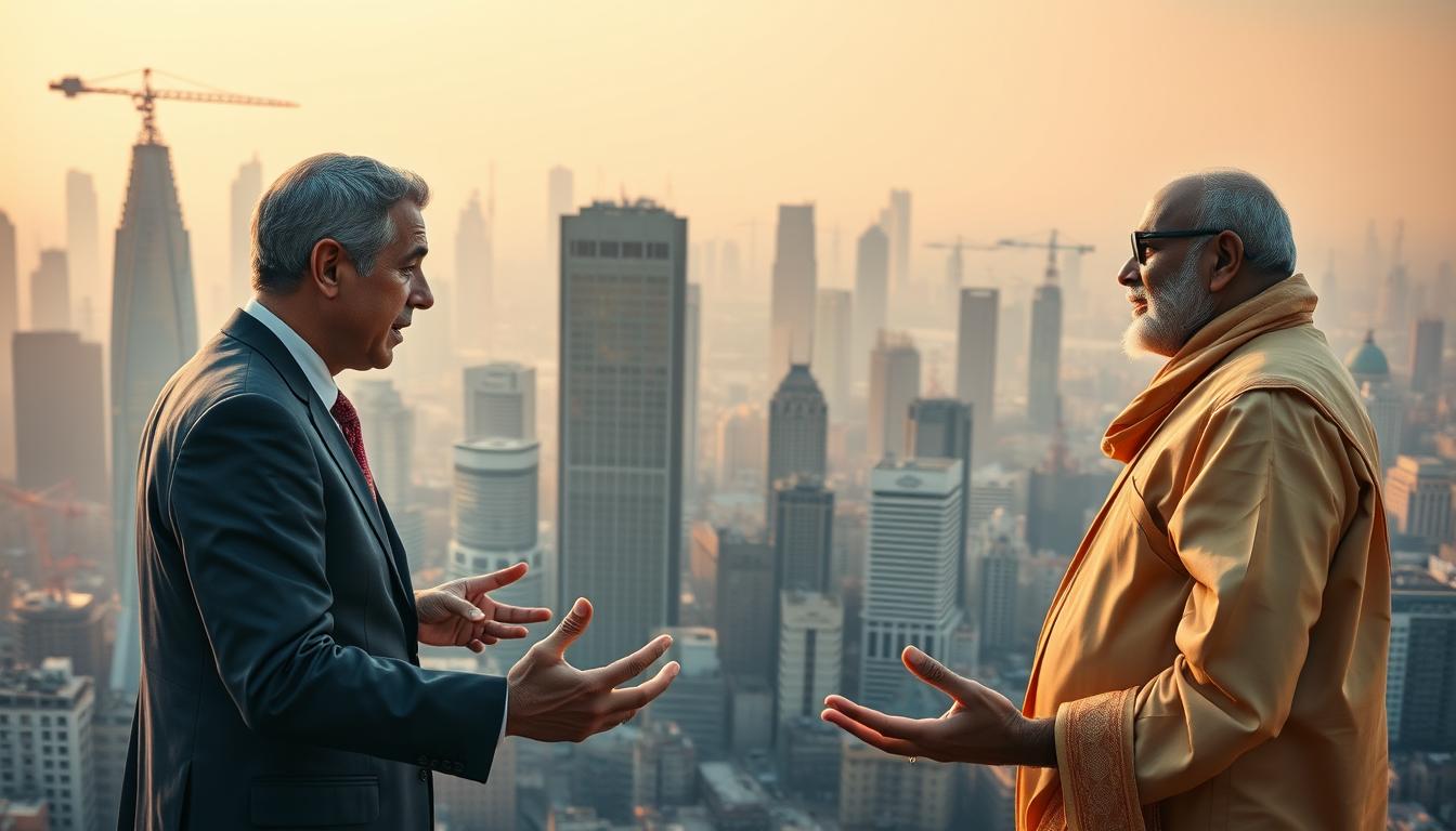 A panoramic view of a bustling financial district, with towering skyscrapers and cranes dotting the skyline. In the foreground, two figures, one in a business suit representing the U.S. and one in traditional Indian attire, engaged in a tense negotiation, their hands gesturing emphatically. The background is bathed in a warm, golden light, creating a sense of urgency and high-stakes diplomacy. The scene is captured through a wide-angle lens, emphasizing the scale and significance of the U.S.-India trade relations.