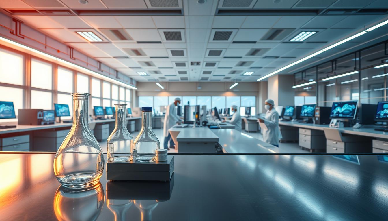 A high-tech pharmaceutical laboratory, illuminated by warm, directional lighting. In the foreground, sleek glass beakers and precision instruments sit atop a glossy, stainless steel counter. In the middle ground, scientists in clean-room attire diligently work at state-of-the-art workstations, surrounded by advanced monitoring equipment. The background showcases a panoramic view of a modern, cutting-edge facility, with banks of computer screens and a clean, minimalist aesthetic. An atmosphere of scientific innovation and technological prowess permeates the scene, hinting at the incredible potential of India's high-value pharmaceutical industry.