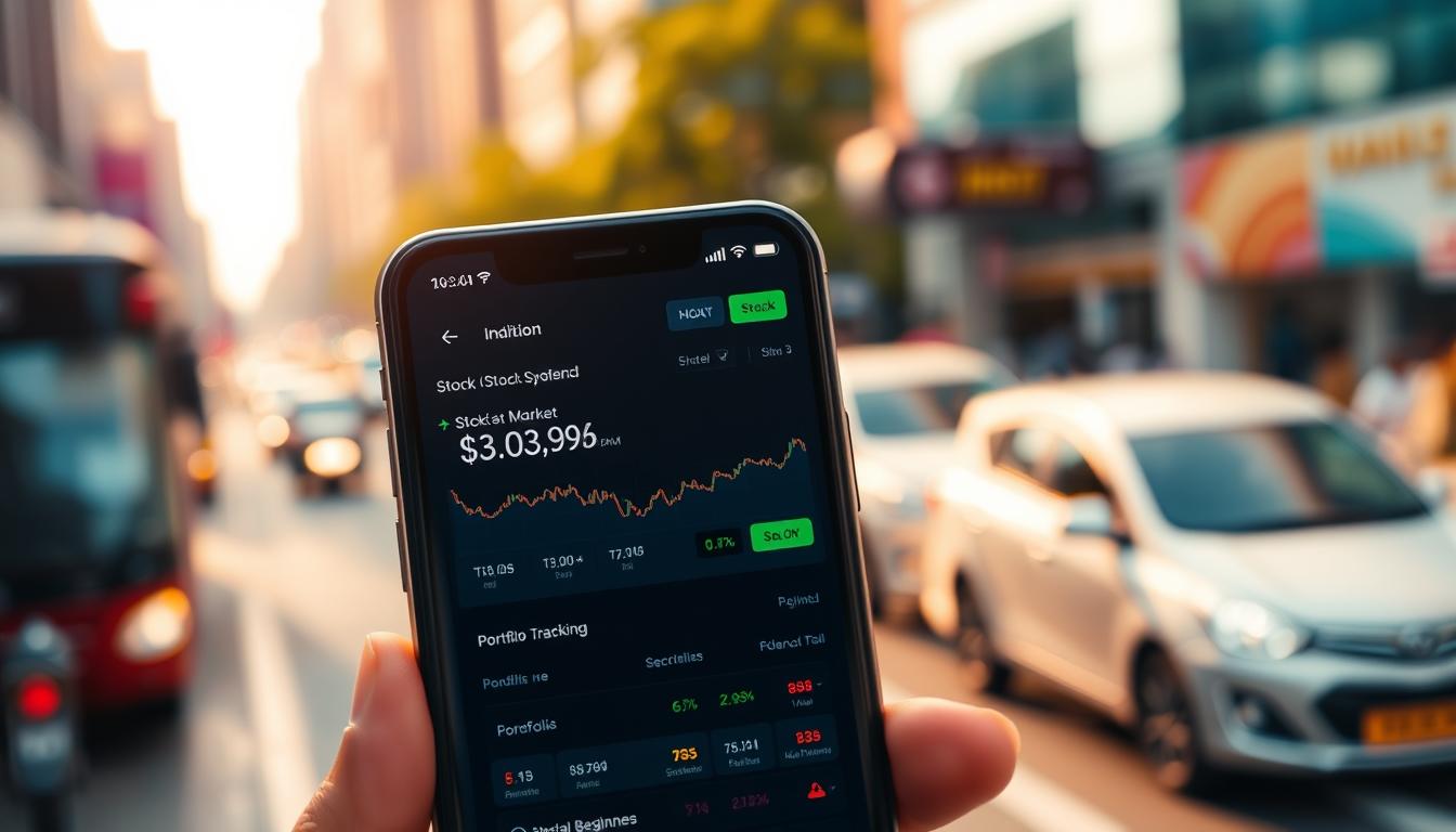 A smartphone screen displaying a sleek, intuitive stock trading app with a clean, minimalist interface. The app showcases real-time stock quotes, portfolio tracking, and user-friendly tools for Indian beginners to navigate the stock market. The screen is set against a blurred background of the bustling streets of a modern Indian city, conveying the dynamic nature of the financial landscape. Warm, natural lighting illuminates the scene, creating a sense of approachability and accessibility. The overall composition highlights the seamless integration of technology and finance, empowering Indian investors to take their first steps towards building wealth.