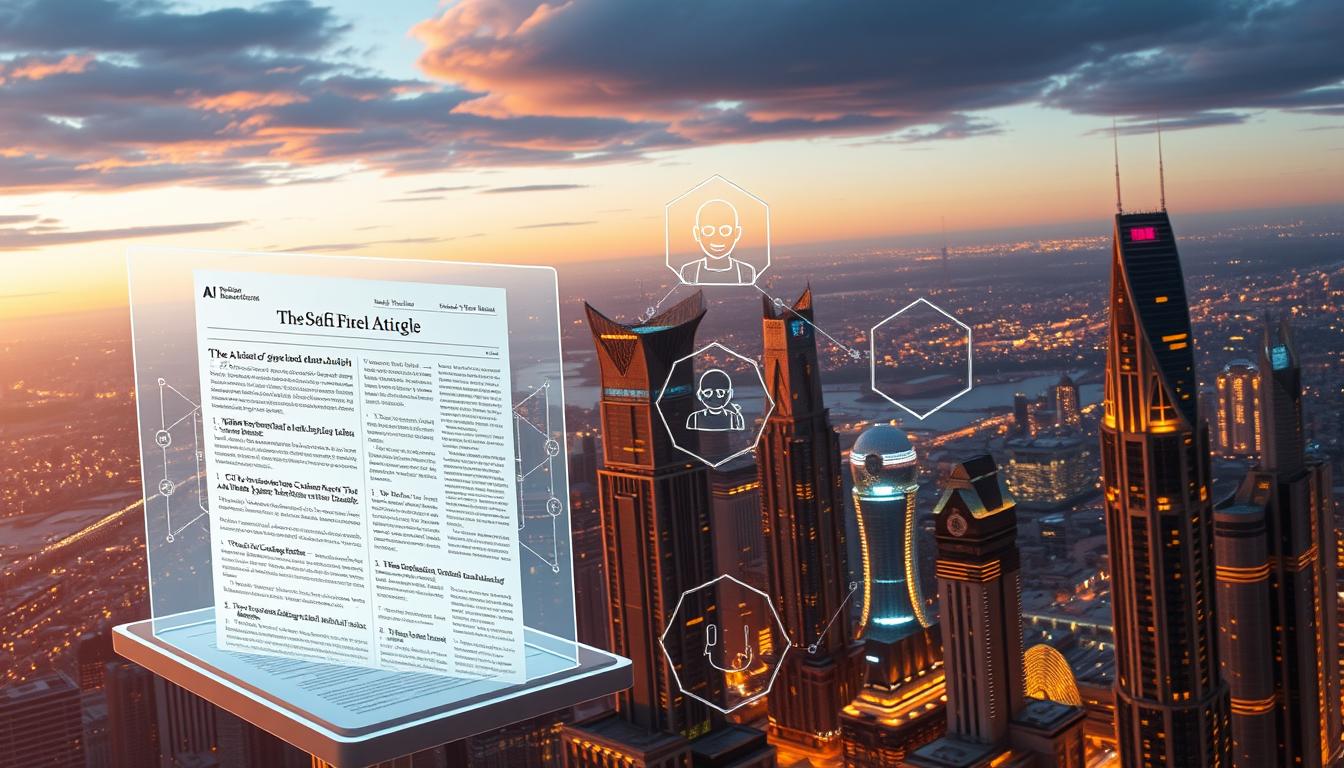 A futuristic cityscape at dusk, bathed in a warm, golden glow. In the foreground, a sleek, transparent holographic display showcases an AI-generated article with dynamic, shifting content. Hovering above the display, digital assistants in the form of lifelike avatars collaborate with human creators, offering suggestions and insights. In the middle ground, towering skyscrapers with intricate architectural designs house state-of-the-art content creation studios, their windows illuminated by the glow of advanced technology. The background is a vast, expansive skyline, dotted with flying vehicles and shimmering, futuristic structures, hinting at the boundless possibilities of AI-powered content creation in the years to come.