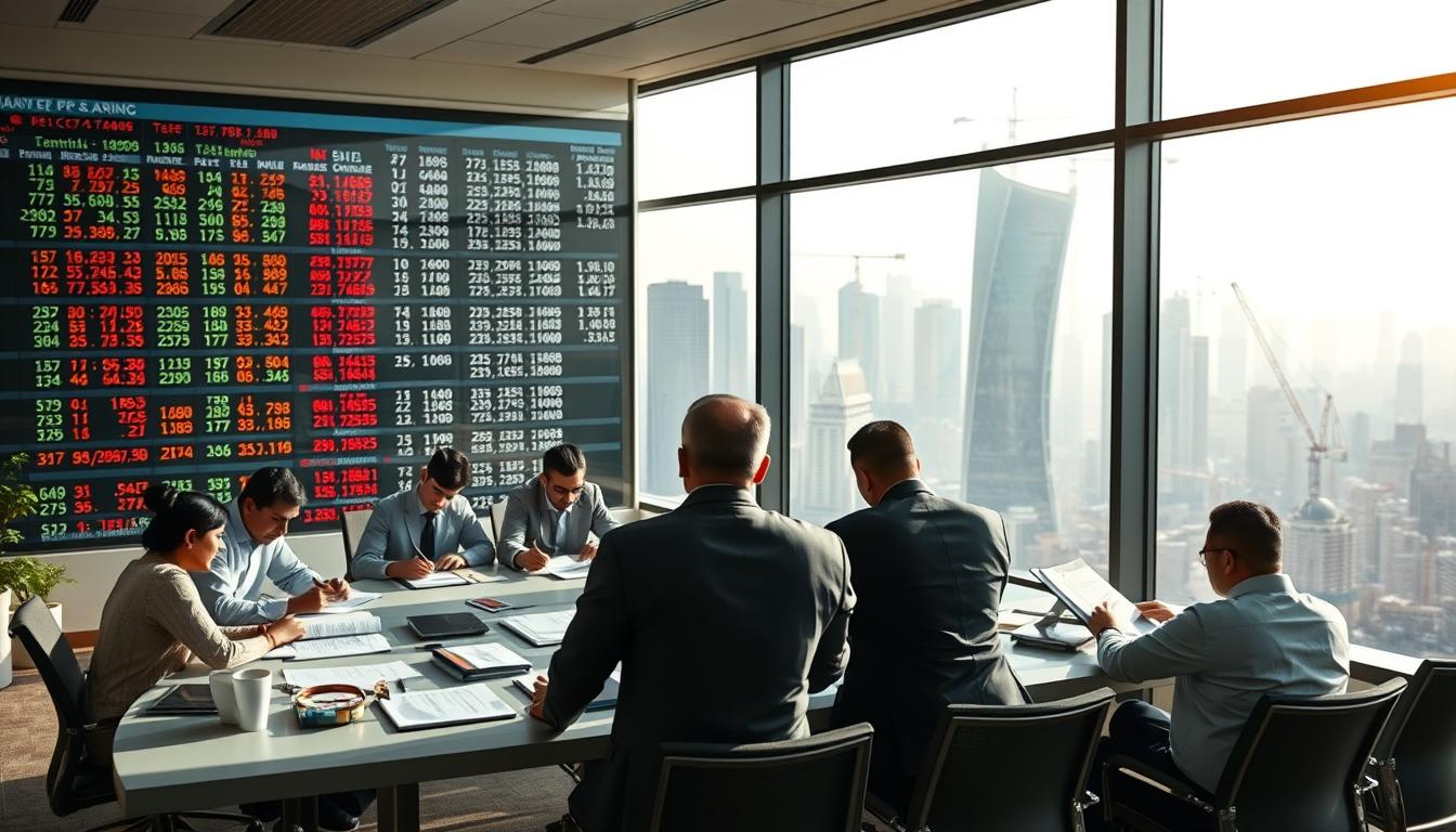 A modern office setting, with a wide panoramic window overlooking a bustling city skyline. In the foreground, a team of financial professionals gathered around a conference table, poring over documents and charts. The lighting is bright and natural, creating a sense of focus and energy. In the middle ground, a stock ticker display dominates the scene, with a kaleidoscope of numbers and symbols scrolling across the screen. The background is a hazy, out-of-focus cityscape, with towering skyscrapers and cranes dotting the horizon, suggesting the scale and complexity of the IPO process in India. The overall mood is one of professionalism, innovation, and the excitement of a new financial opportunity.
